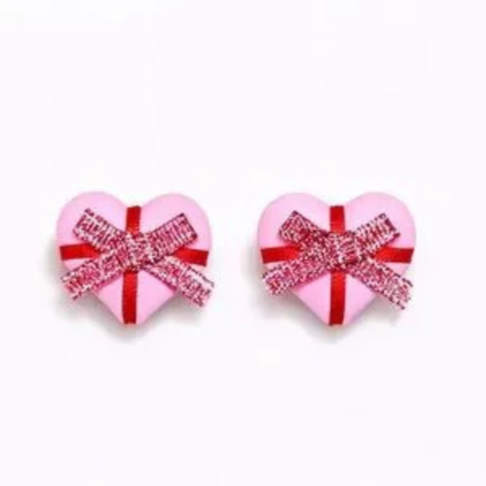 Pink Heart With Red Bow Stud Earrings